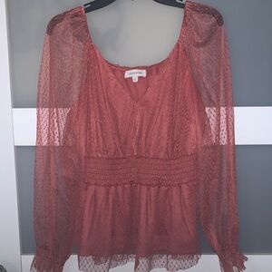 Calypso St. Barth Rust Sheer Dot Blouse with Smocked Waist